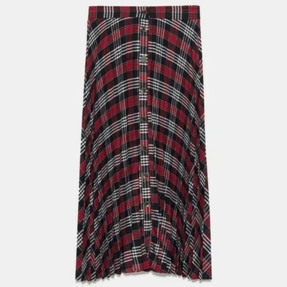 ZARA Plaid Button Down Midi Skirt Sz S Black Red Punk Chic Rock NWT - Picture 3 of 9